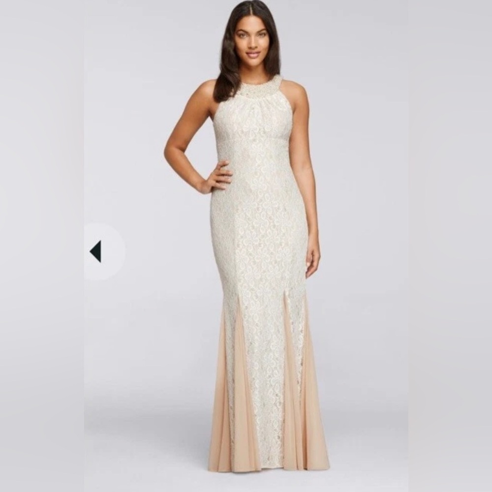 CACHET
Lace Dress with Pearl Neck and Godet Mesh Inset IVORY/NUDE size 8